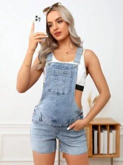 SHEIN Maternity Raw Cut Denim Overall Romper Without Tank Top