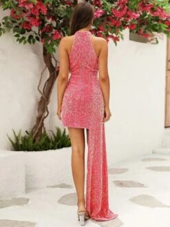 LOVE&LEMONADE Split Thigh Sequin Halter Dress