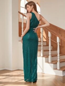One Shoulder Wrap Hem Sequin Formal Dress