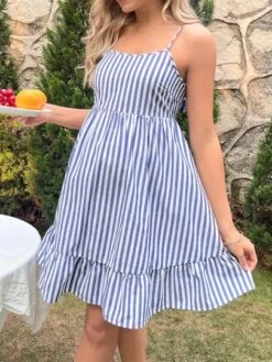SHEIN Maternity Striped Tie Backless Ruffle Hem Cami Dress