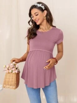 Maternity Solid Lace Trim Peplum Tee -Curated Swimwear 1679297119cfd12ec29346b8ac3c5a0b1aab52d3ad thumbnail 405x552