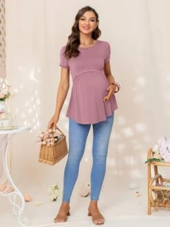 Maternity Solid Lace Trim Peplum Tee -Curated Swimwear 1679297121c4e635ce217be6492eea4132e1be764d thumbnail 405x552