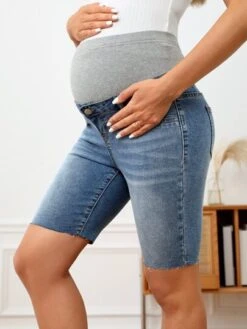 SHEIN Maternity Adjustable Waist Cat Whisker Denim Shorts