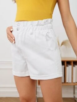 SHEIN Maternity Paperbag Waist Roll Up Hem Denim Shorts