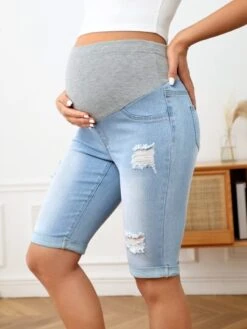 SHEIN Maternity Ripped Roll Up Hem Denim Shorts -Curated Swimwear 1679377034eb95566f3f7f4190c6dc94d6aff0ed4a thumbnail 405x552