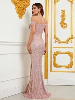 Off Shoulder Split Thigh Sequin Formal Dress