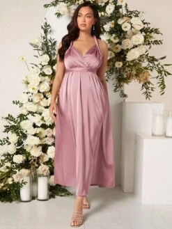 SHEIN Maternity Solid Open Back Belted Satin Halter Dress