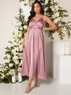 SHEIN Maternity Solid Open Back Belted Satin Halter Dress -Curated Swimwear 1679539104be09c9379b0a7b89445bd4484ccd7791 thumbnail 405x552