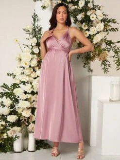 SHEIN Maternity Solid Open Back Belted Satin Halter Dress -Curated Swimwear 16795391126b200a74604fc1183b39420508279713 thumbnail 405x552