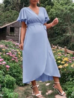 SHEIN Maternity Butterfly Sleeve Belted Wrap Dress -Curated Swimwear 1679555376277889531c7c7ed320fd09f03c735261 thumbnail 405x552