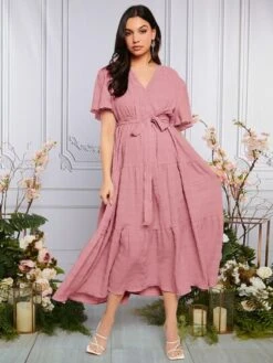 SHEIN Maternity Butterfly Sleeve Ruffle Hem Belted Dress -Curated Swimwear 16795558839fb9e6a0a944178967c0c9a5928deafb thumbnail 405x552