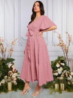 SHEIN Maternity Butterfly Sleeve Ruffle Hem Belted Dress -Curated Swimwear 1679555900a79ecd9dfc736666f5ec1c3e885e5a1e thumbnail 405x552