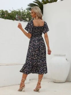 Maternity Floral Print Square Neck Ruffle Hem Dress