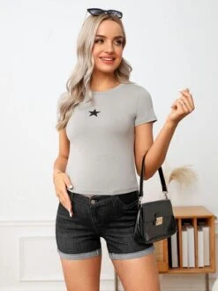 SHEIN Maternity Roll Up Hem Denim Shorts -Curated Swimwear 1679568235620a4f088b8f75abde319fdf4e00df1f thumbnail 405x552