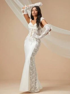 Lace Up Front Lace Bodycon Wedding Dress With Arm Sleeves -Curated Swimwear 1679620637e14384ac06b55d979c5fcd20441c6835 thumbnail 405x552
