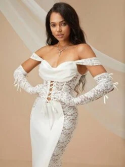 Lace Up Front Lace Bodycon Wedding Dress With Arm Sleeves -Curated Swimwear 1679620642b0978db1a0e24baa8df5e544936ff36b thumbnail 405x552