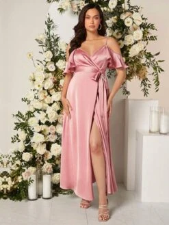 SHEIN Maternity Cold Shoulder Knot Side Wrap Hem Satin Dress -Curated Swimwear 16796250887956de70eada5410a96d36a7de1051fc thumbnail 405x552