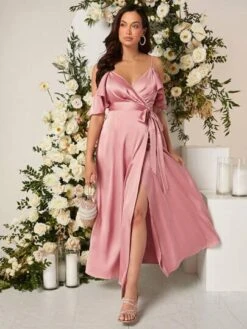 SHEIN Maternity Cold Shoulder Knot Side Wrap Hem Satin Dress -Curated Swimwear 1679625096e40b2219ea7879f2f336bc75e7384250 thumbnail 405x552