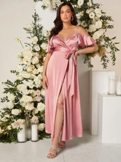 SHEIN Maternity Cold Shoulder Knot Side Wrap Hem Satin Dress -Curated Swimwear 1679625105a6b481680b5f6ced96c7b386ca810a66 thumbnail 405x552