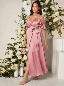 SHEIN Maternity Cold Shoulder Knot Side Wrap Hem Satin Dress -Curated Swimwear 16796251109b3d818ff58e5ad0d9aff7a6f5ddf0b3 thumbnail 405x552