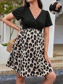 SHEIN Maternity Leopard Print Surplice Neck Dress -Curated Swimwear 167998909630cede3e64ded5367310e9703517830c thumbnail 405x552