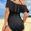 SHEIN Maternity Cold Shoulder Ruffle Trim Ruched Side One Piece Swimsuit -Curated Swimwear 168006273106087c5f5327d562d66bfa93078ba8cf thumbnail 405x552