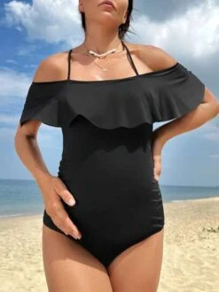 SHEIN Maternity Cold Shoulder Ruffle Trim Ruched Side One Piece Swimsuit -Curated Swimwear 1680062742d04117a3a685897c3c29f14aadafe39a thumbnail 405x552