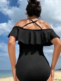 SHEIN Maternity Cold Shoulder Ruffle Trim Ruched Side One Piece Swimsuit -Curated Swimwear 1680062745a256c329bc9ef609348f0170c40b533e thumbnail 405x552