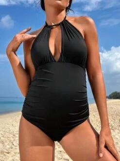 SHEIN Maternity Solid Halter One Piece Swimsuit -Curated Swimwear 1680062766bf854fda51be91a1ab864a3ebac117db thumbnail 405x552