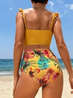 SHEIN Maternity Tropical Print Ruffle Trim Bikini Swimsuit