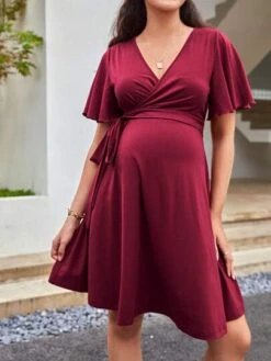 SHEIN Maternity Surplice Neck Knot Side Nursing Dress -Curated Swimwear 168006281249f677fbb80c83633962ed34d922e62a thumbnail 405x552