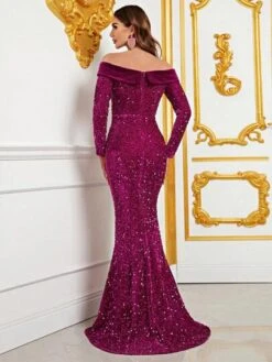 Off Shoulder Mermaid Hem Sequin Formal Dress