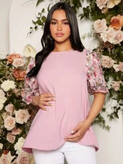 SHEIN Maternity Floral Print Puff Sleeve Blouse -Curated Swimwear 1680074053245c2047cbc252914930c04981ac61fc thumbnail 405x552