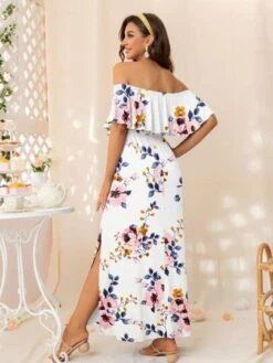 DEARCASE Maternity Floral Print Off Shoulder Ruffle Trim Dress