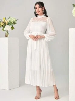 SHEIN Modely Mock Neck Lantern Sleeve Belted Pleated Hem Dress -Curated Swimwear 1680150159c918d8d773f0e6de528b25e1cf24f146 thumbnail 405x552