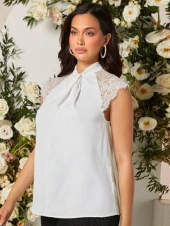 SHEIN Maternity Contrast Lace Raglan Sleeve Twist Front Keyhole Back Blouse -Curated Swimwear 1680159779d4928a74a00457f84830609ef62d24cc thumbnail 405x552