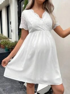 SHEIN Maternity Contrast Lace Surplice Neck Dress -Curated Swimwear 168016006177ef06f5cfcccdf3a3a883115627998c thumbnail 405x552