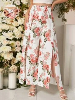 SHEIN Maternity Floral Print Adjustable Waist Split Thigh Wide Leg Pants