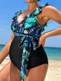SHEIN Maternity Tropical Print Ruffle Trim Knot Side One Piece Swimsuit -Curated Swimwear 1680229183d88b4a24e18d817f4d46b5a146cfdac0 thumbnail 405x552