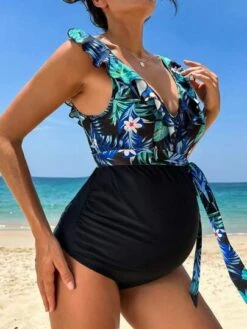 SHEIN Maternity Tropical Print Ruffle Trim Knot Side One Piece Swimsuit -Curated Swimwear 1680229187c7de343737af911baab07aabb26f22da thumbnail 405x552