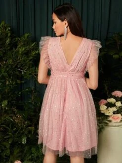 SHEIN Maternity Ruffle Trim Sequin Mesh Overlay Dress