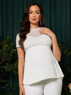 SHEIN Maternity Lace Panel Pleated Hem Blouse -Curated Swimwear 16802293871ed892e157e4dbdbce0a8973137c9a20 thumbnail 405x552