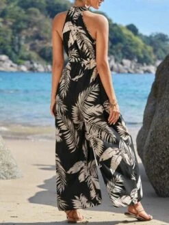 SHEIN Maternity Tropical Print Halter Neck Belted Jumpsuit
