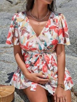 SHEIN Maternity Leaf Print Butterfly Sleeve Belted Blouse -Curated Swimwear 1680246762dc75be866aa5e58b494c7d1997240a0e thumbnail 405x552