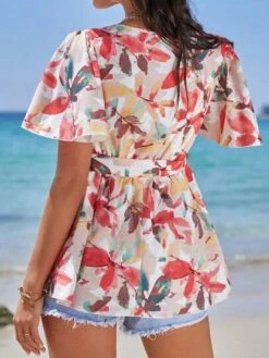 SHEIN Maternity Leaf Print Butterfly Sleeve Belted Blouse