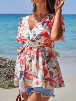 SHEIN Maternity Leaf Print Butterfly Sleeve Belted Blouse -Curated Swimwear 1680246773b3fe2cff76b93cd73f8ec5787125029b thumbnail 405x552