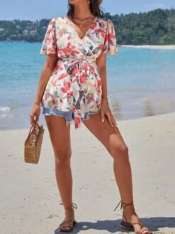 SHEIN Maternity Leaf Print Butterfly Sleeve Belted Blouse -Curated Swimwear 1680246790b3a1ee94cd2a81f22118119f1e87e37f thumbnail 405x552