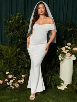 SHEIN Maternity Off Shoulder Ruched Mermaid Hem Dress Without Veil -Curated Swimwear 16802585956d80c249b31527a55da7e5cdd252a589 thumbnail 405x552