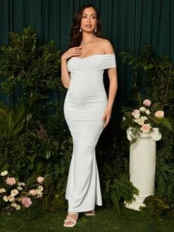 SHEIN Maternity Off Shoulder Ruched Mermaid Hem Dress Without Veil -Curated Swimwear 16802586005848c8a7bbbcedbfa4db819040116255 thumbnail 405x552