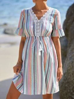 SHEIN Maternity Striped Print Guipure Lace Panel Tassel Tie Front Flounce Sleeve Dress -Curated Swimwear 1680345427132959d3df0be97c2790835896d60b4f thumbnail 405x552